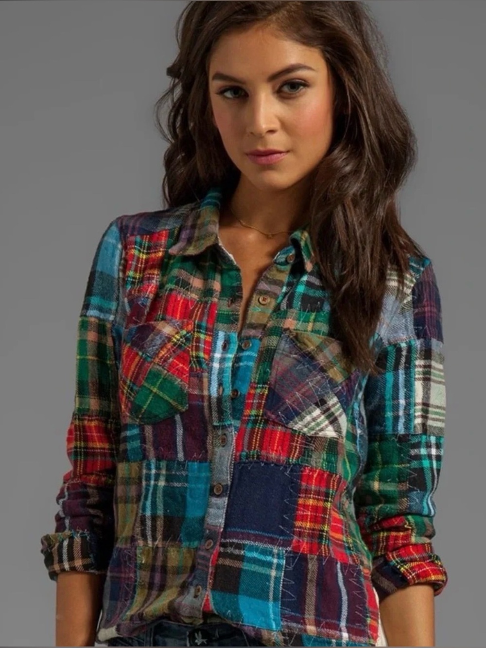 We The Free Multicolor Patchwork Plaid Button-Down Shirt
